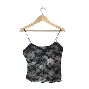 Y2K Womens Black Floral Lace Top S M Babydoll Sheer Strappy Sexy Feminine Dainty